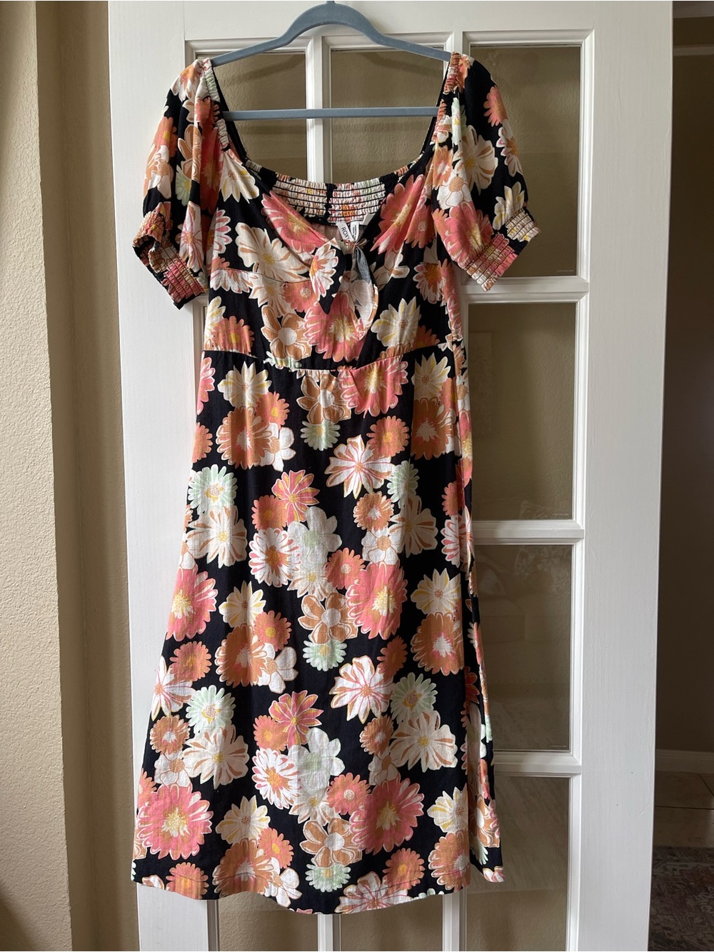 Floral Scoop Neck Midi Dress - Black with Pink & Cream Flowers